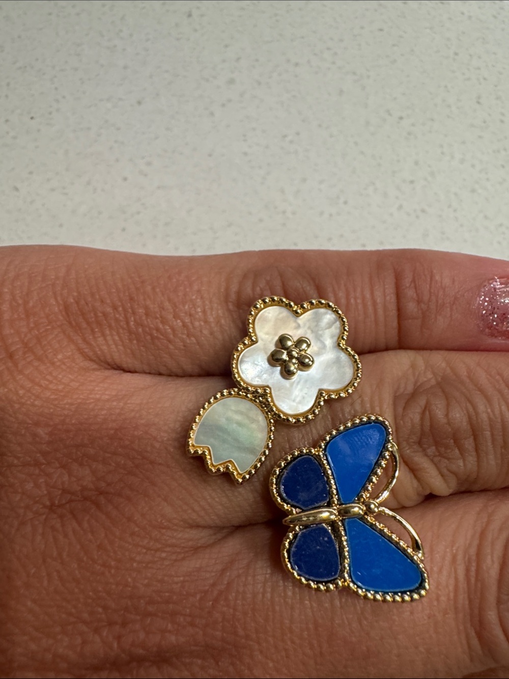 Gold-Tone Blue Butterfly & Mother-of-Pearl Flower Adjustable Ring size 7/8